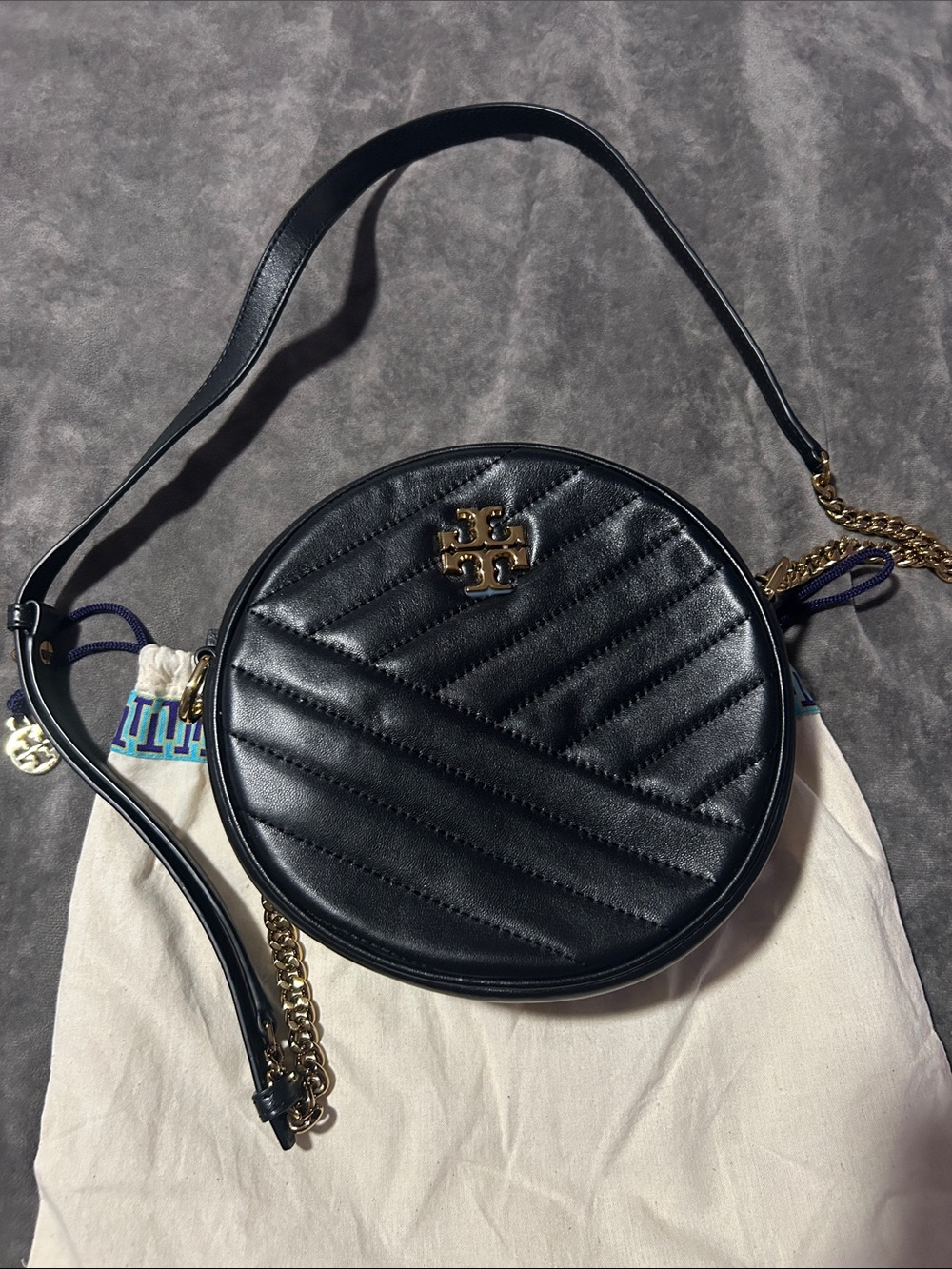 Tory Burch Black Quilted Round Leather Crossbody with Gold Logo